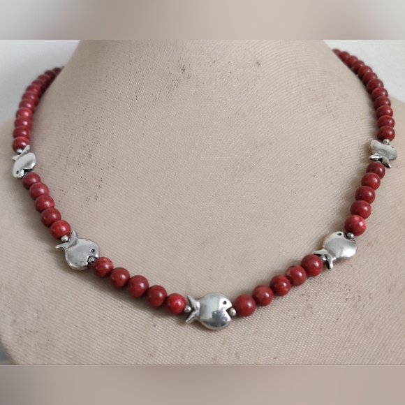 Handmade Genuine Red Corals and Silver Fish Beads Necklace OOAK - Picture 6 of 16